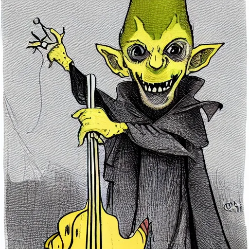 Prompt: yellow goblin in a cloak wearing a fiddle for a hat