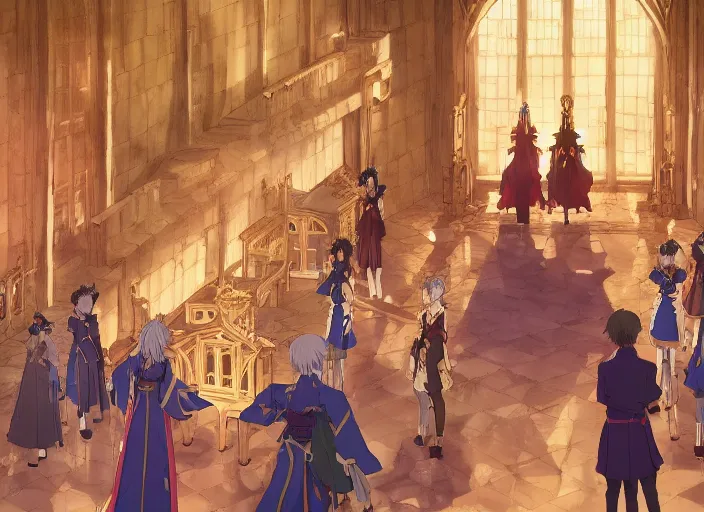 Image similar to key anime visual portrait of a castle's main hall interior with throne, servants, nobles, dynamic pose, dynamic perspective and angle, cinematic, film grain, designed by yoh yoshinari, detailed, intricate, at night, dramatic lighting, costumes by mika pikazo