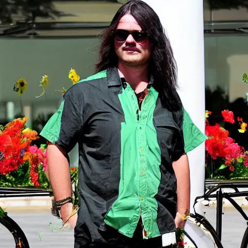 Prompt: a man with long hair wearing green sunglasses, a button down shirt with flowers on it, flip flops, and black shorts