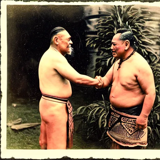 Image similar to a tattooed maori dignitary shakes hands with a 2 0 th century english industrialist, colorized 1 9 0 4 photo, kodak camera, historical event, credit the national archives of the united kingdom