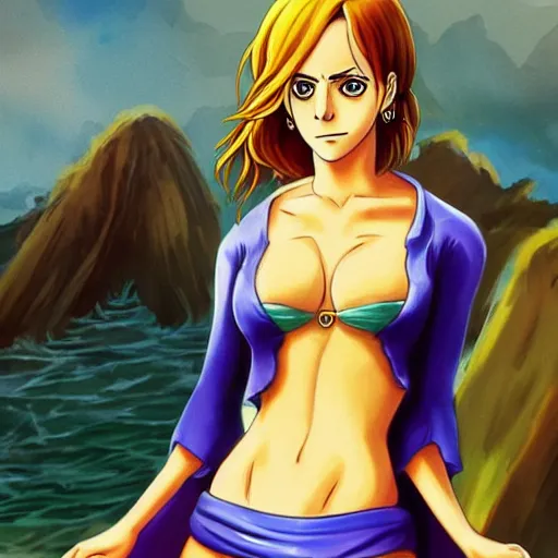 Prompt: A full body portrait of emma watson as Nami from one piece