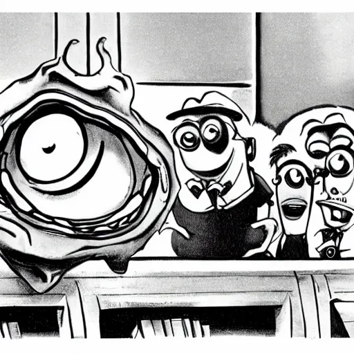 Image similar to vintage picture of mike wazowski at nuremberg trials