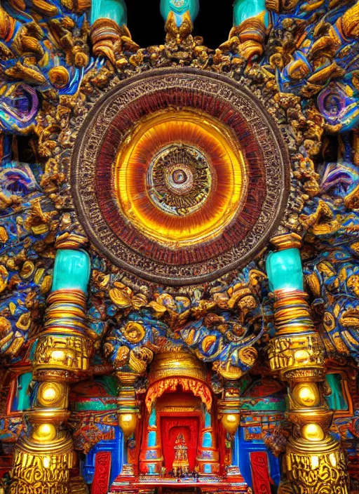 Prompt: breathtakingly beautiful ultrawide angle colour masterpiece weird dream, low angle view from inside a hindu temple, strange beautiful cybertronic temple, cables and tubes, eyes, incredible sense of depth and perspective and clarity, hyperrealism, realistic, symmetry symmetrical, 8 k