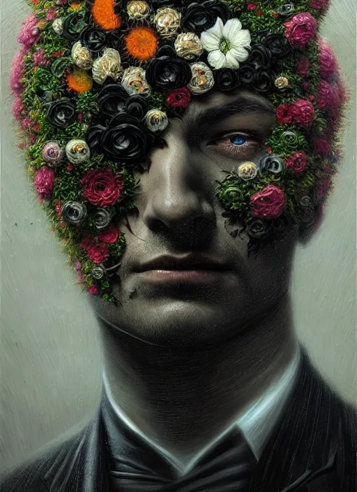 Prompt: an man in a black suit with a head made of flowers, intricate, highly detailed, concept art, hyperrealistic, oil painting by greg staples, 8 k