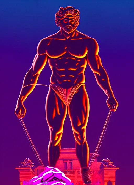 Image similar to statue of hercules, beeple, android jones, ( ( ( ( ( dan mumford ) ) ) ) ), vaporwave, retrowave, black background, neon wiring, black, glitch, strong contrast, cuts, pinterest, trending on artstation