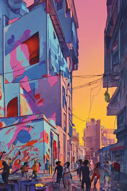 Image similar to people in a busy city people looking at a white building covered with a 3d graffiti mural with paint dripping down to the floor, professional illustration by artgerm, painterly, yoshitaka Amano, hiroshi yoshida, moebius, loish, painterly, and james jean, illustration, sunset lighting