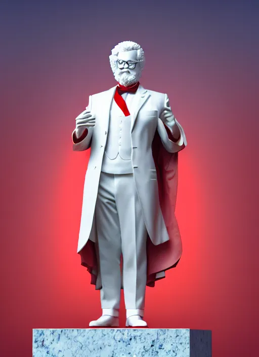 Image similar to colonel sanders as marble statue, in red background, soft red texture, red realistic 3 d render, high red lights, 4 k, high detailed photography cape, 5 0 mm lens, rich blue colors, smooth gradients, depth of field, cinematic