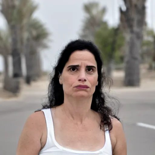 Prompt: Ayelet Shaked sad and hopeful, in a white tank top, smooth skin, symmetrical face. hd.