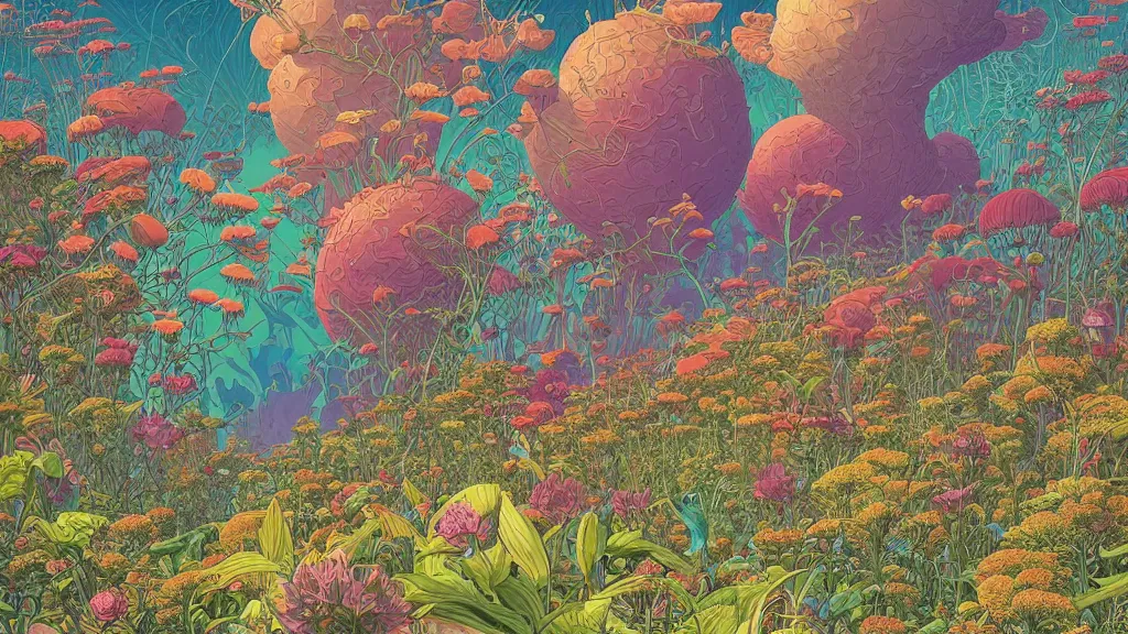 Image similar to highly detailed illustration of a world growing all kinds of flowers by kilian eng, by moebius!, by oliver vernon, by joseph moncada, by damon soule, by manabu ikeda, by kyle hotz, by dan mumford, by kilian eng