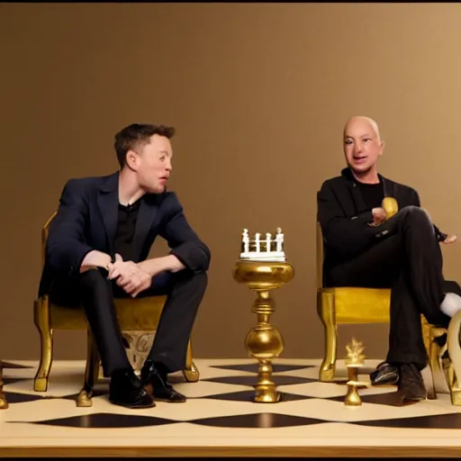 Image similar to Elon and Bezos playing chess while on golden toilet seats, cinematic, photo, 8K