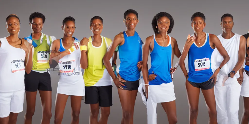 Image similar to Studio Photograph of starting line of many diverse marathon runners. multiple skintones. Frontal. Shot on 30mm Lens. Advertising Campaign. Wide shot. Fashion Studio lighting. White background.