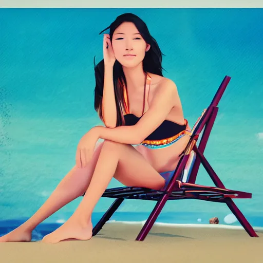 Prompt: a portrait of a young asiatic lady on a beach chair , perfect face, hot summertime hippie, sparky swimsuit , calm sea and beach background , sunny day, perfecly detailed, realistic portrait, perfect design, natural light