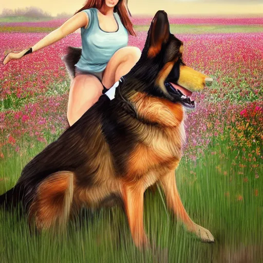 Image similar to girl riding a giant German shepherd in a field of flowers, trending on artstation