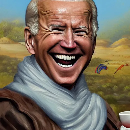 Image similar to a painting of joe biden laugh in tea party with taliban, ultra detailed face, body and gesture, justify content center, hyper realistic content, frontal hyperdetailed realistic content, sharp focus, intricate, dynamic composition, 2 colors, baroque, delete duplicate content