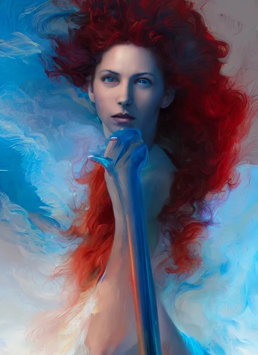 Prompt: a painting of a woman who made of curly and transparent feathers cloud with red edges is holding a sword, a digital painting by charlie bowater, made of many translucent layers of blue, metaphysical painting, speedpainting, digital painting, holographic undertones, highly saturated colors, 4 k, digital art, concept art, trending on artstation