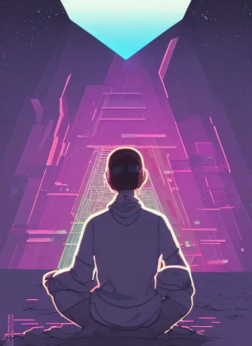 Prompt: a transparent glass movie poster of a cyberpunk explorer meditating next to a floating triangular glowing monolith, risograph by laurie greasley, kawase hasui, josan gonzalez, jean giraud, moebius and edward hopper, colourful flat surreal design, in the style of oxenfree, super detailed, a lot of tiny details, fullshot