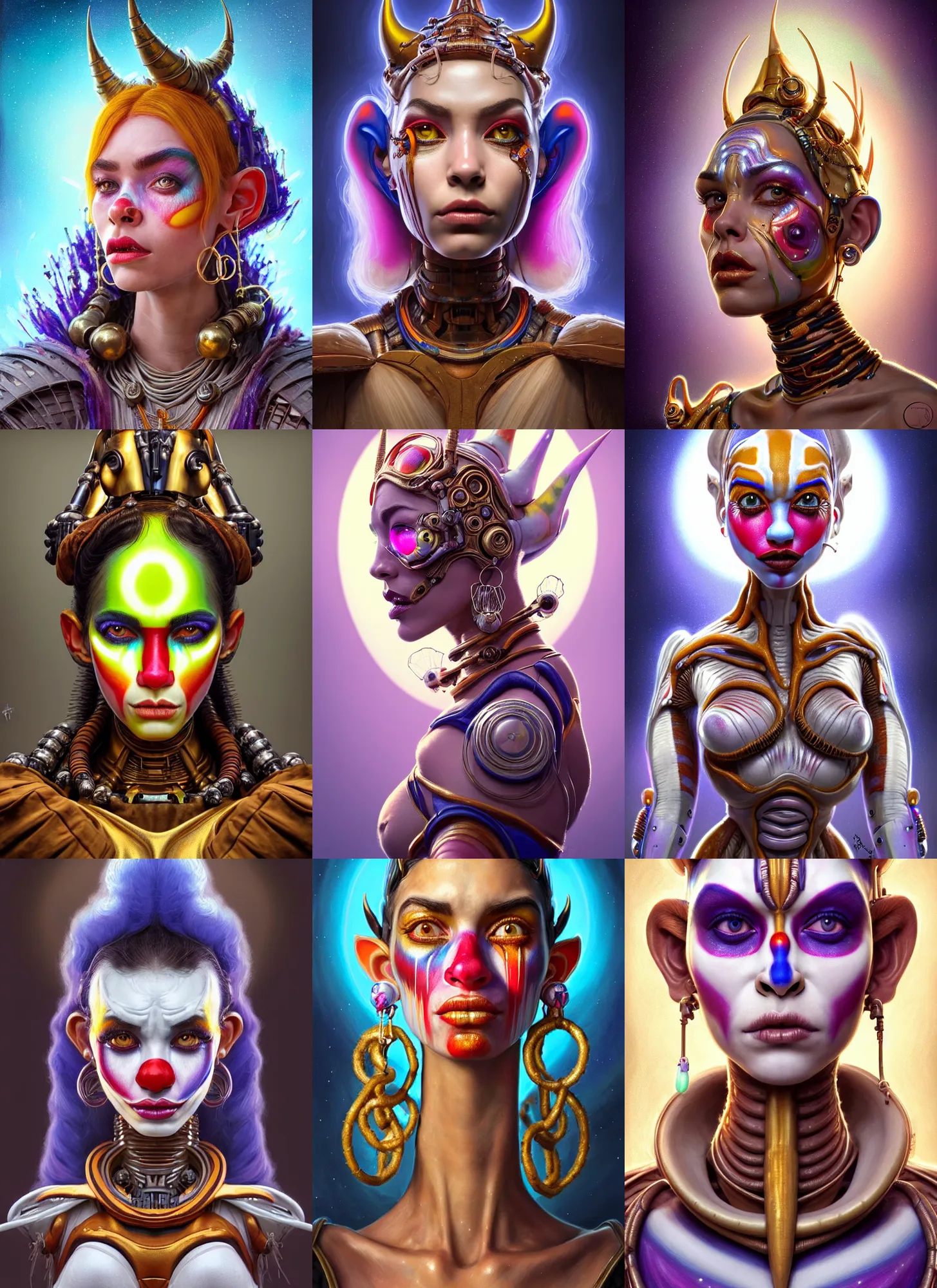 Prompt: bright cream polished galactic clowncore weta cyborg : : disney pixar star wars portrait, soft devil queen madison beer, elaborate earrings, hi - fructose, sci fi fantasy intricate decadent highly - detailed digital painting, golden ratio, octane render, artstation, concept art, smooth, sharp focus, illustration, rutkowski, artgerm mucha, loish, wlop