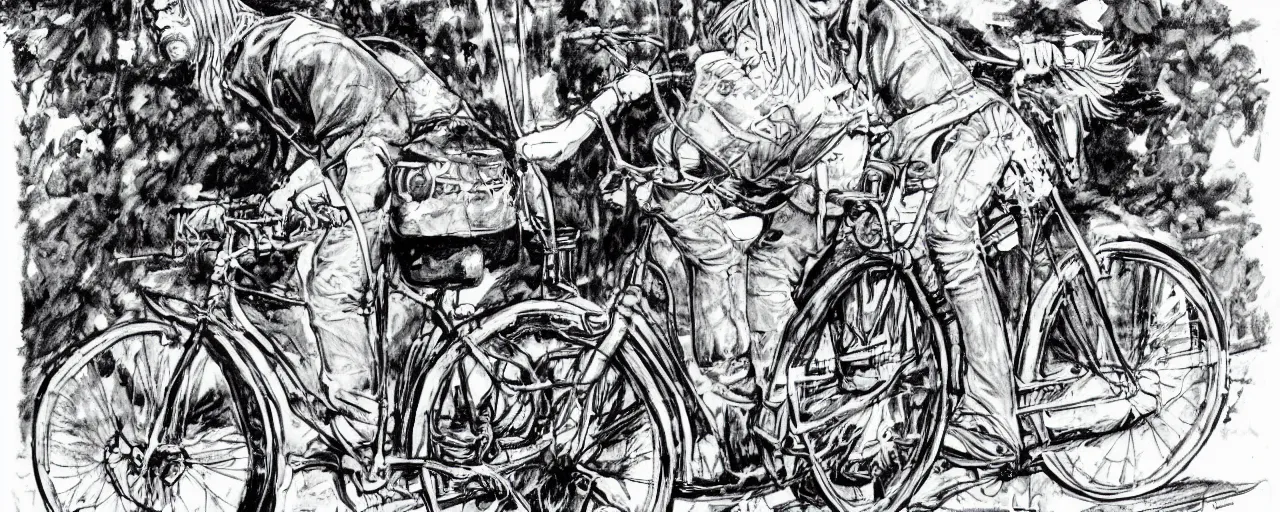 Image similar to beautiful detailed comic illustration of Kurt Cobain on a bicycle on a bicycle, colored