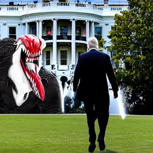 Image similar to a monster from predator destroys joe biden on the white house lawn