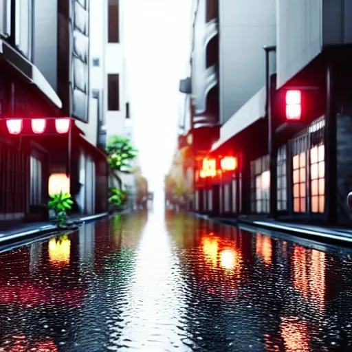 Prompt: still photo of rain puddles and reflections in a japanese street, cloudy weather, highly detailed, photorealistic shot, bright studio setting, studio lighting, crisp quality and light reflections, unreal engine 5 quality render