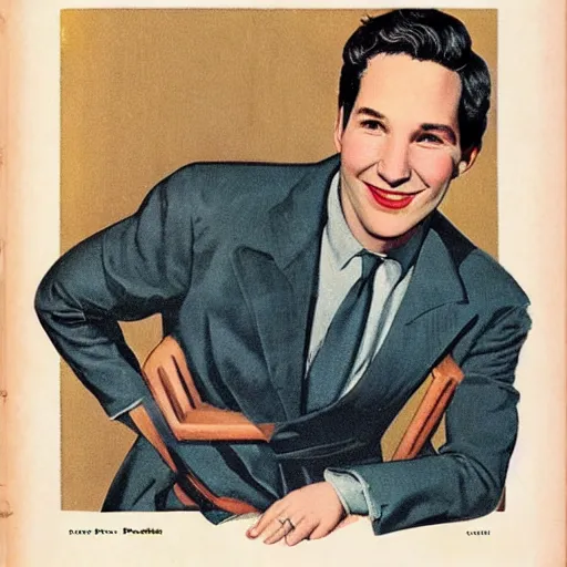 Prompt: “Paul Rudd portrait, color vintage magazine illustration 1950”