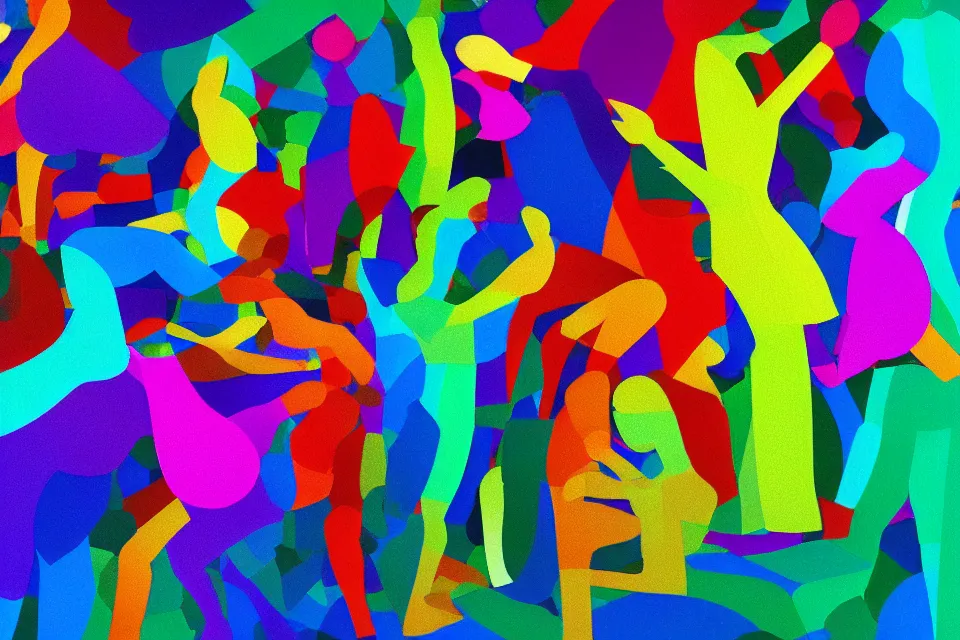 Prompt: a colorful, computer generated, abstract geometric intriguing render, abstract human figures dancing