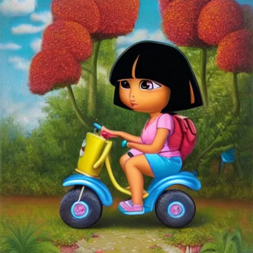 Prompt: Dora The Explorer on a tricycle, lowbrow painting by Mark Ryden