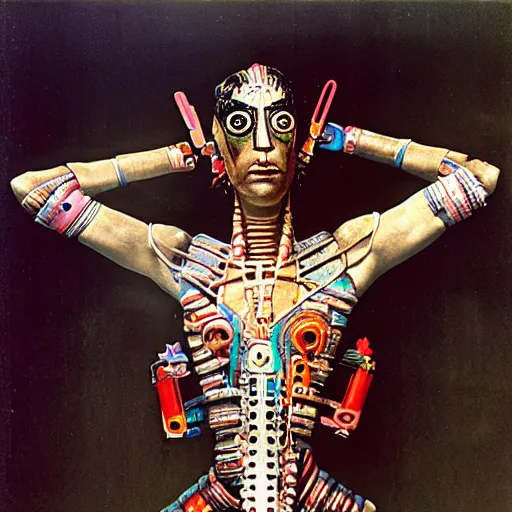 Image similar to A Mayan cyborg, by Nam June Paik, Man Ray, Annie Liebovitz