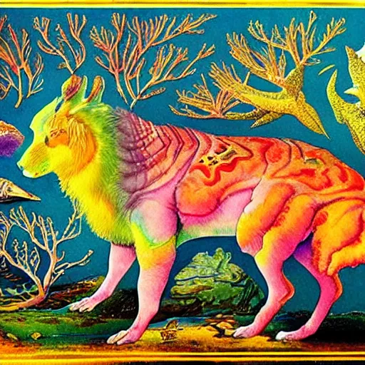 Image similar to watercolour colourful newton fractal depicted as a mythic animal by archibald thorburn, under the sea, fantasy