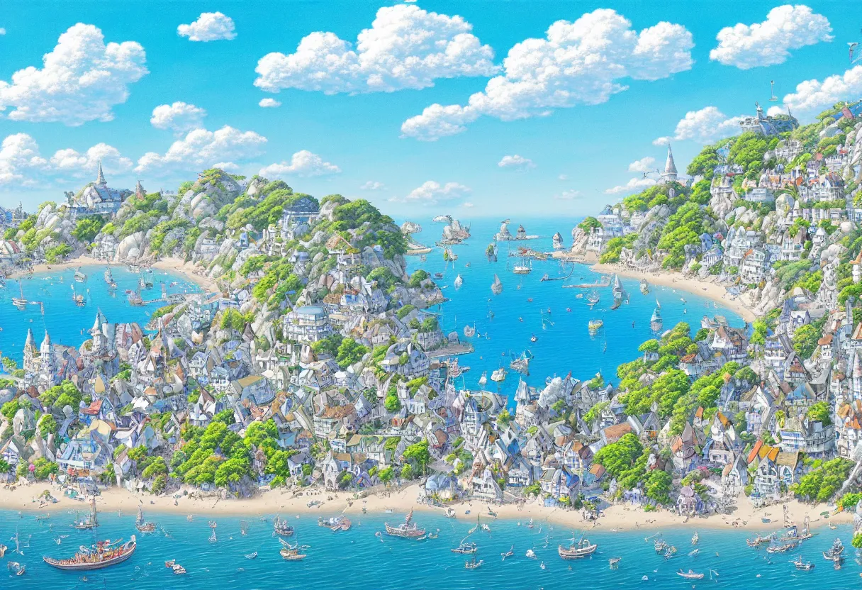 Image similar to a beautiful ultradetailed painting of a seaside town, sunny, close shot, studio ghibli sunlight, archdaily, wallpaper, highly detailed, trending on artstation