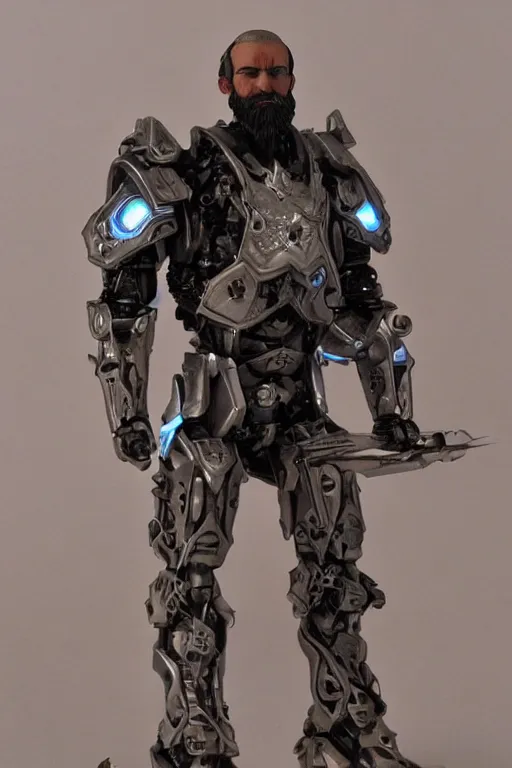 Prompt: bearded man in sleek mech armor and holding an energy sword. highly detailed, intricate. hyper realistic.