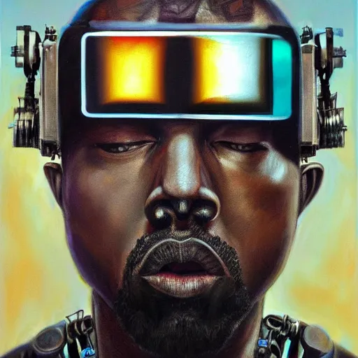 Image similar to a realistic oil painting of a cybernetic kanye west cyborg, surrealism portrait, post apocalyptic album cover