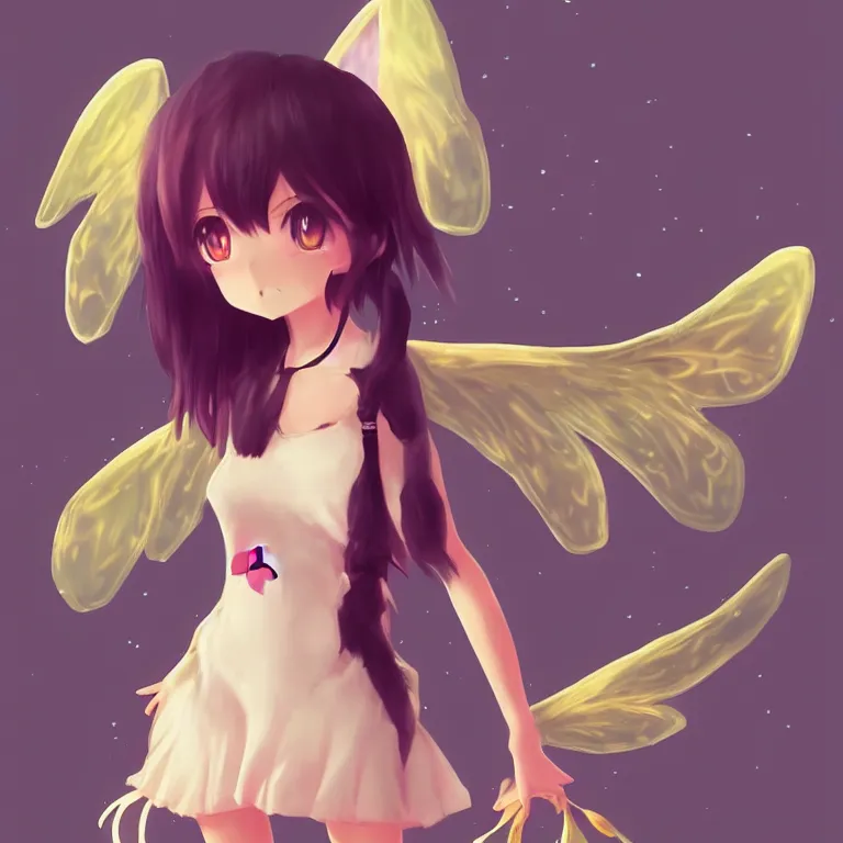 Image similar to cute, full body, female, anime style, a dog girl with fairy wings, large eyes, beautiful lighting, sharp focus, simple background, creative, heart effects, filters applied, illustration, trending on artstation