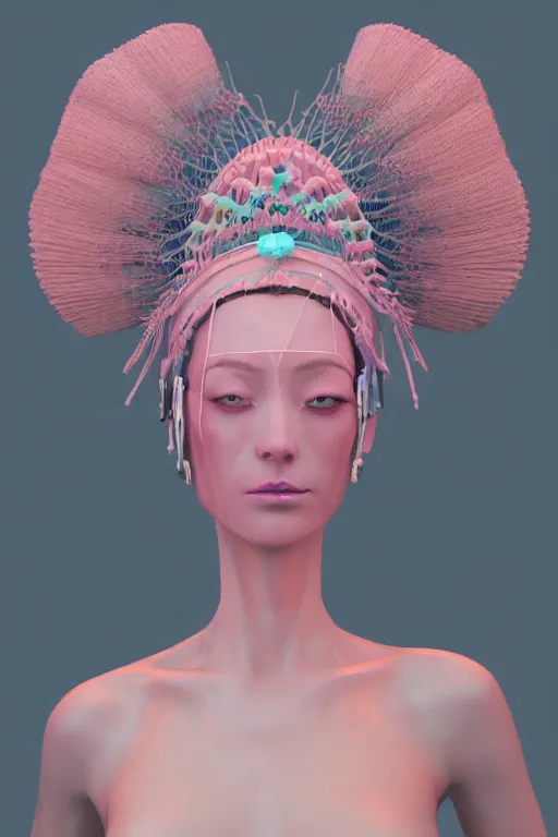 Prompt: epic 3 d sculpture of trans model, mesh headdress, 2 0 mm, with pastel pink and cerulean hextech bursting, perlin noise melting into mogwai, delicate, beautiful, intricate, houdini sidefx, trending on artstation, by jeremy mann and ilya kuvshinov, jamie hewlett and ayami kojima