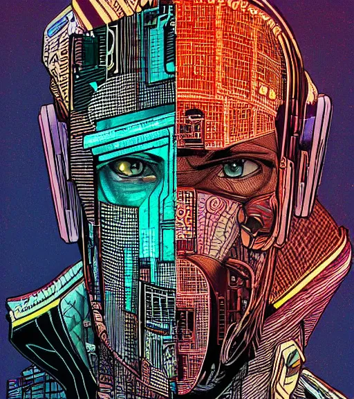 Prompt: a cyberpunk man with a glitching patchwork face of various ethnicities, Industrial Scifi, detailed illustration, character portrait, by Martin Grip and Moebius