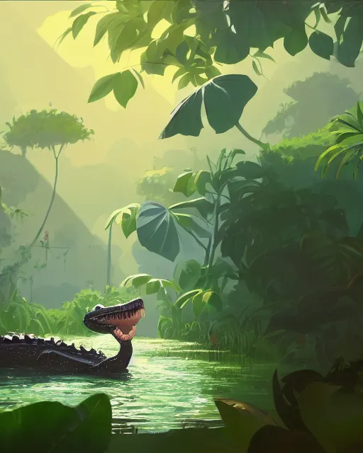 Image similar to a cute alligator brushing his teeth while taking a bath in a well with lush vegetation around, cory loftis, james gilleard, atey ghailan, makoto shinkai, goro fujita, character art, rim light, exquisite lighting, clear focus, very coherent, plain background, soft painting