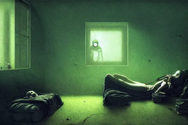 Image similar to girl with wearing a gas mask lying on the sofa reading a book in her room, in the style of beksinski, solarpunk, atmospheric, intricate and epic composition, green by caravaggio, insanely quality, highly detailed, masterpiece, blue light, artstation, 4 k, ultra clean render