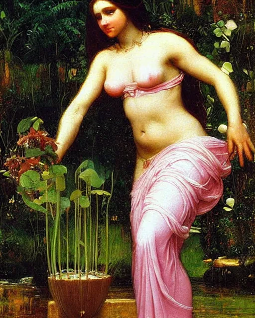 Prompt: portrait of aphrodite as a venus fly trap beautiful oil painting waterhouse