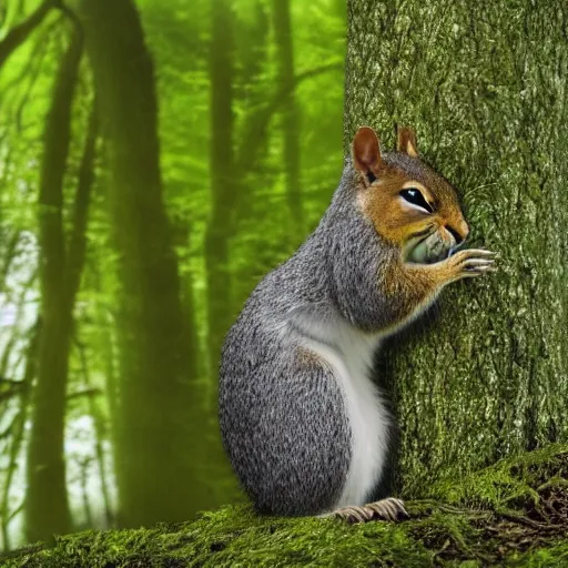 Prompt: a hyper realistic shot of a large squirrel with soft hair and tufts on its ears standing on its hind legs in a luscious green forest, a single weak ray of light emerging through the canopy and hitting the forest floor below him, 8 k, realistic