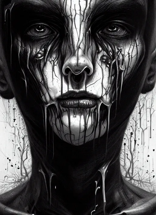 Image similar to a dream portrait of a shy boy, black & white, melting, webbing, 8 k, by tristan eaton, stanley artgerm, tom bagshaw, greg rutkowski, carne griffiths, ayami kojima, beksinski, giger, trending on deviantart, face enhance, hyper detailed, minimalist, horror, alien