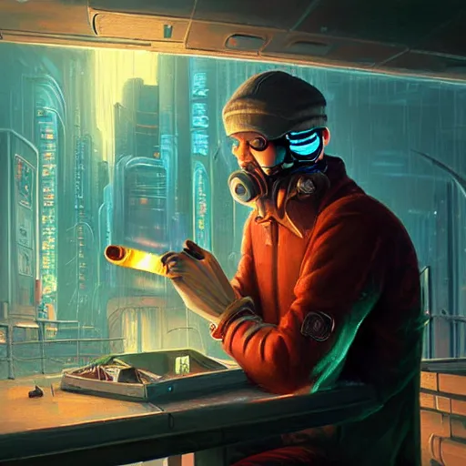 Image similar to An android smoking a cigar in a cyberpunk setting by Evgeny Lushpin, Trending on Artstation