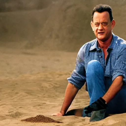 Prompt: Tom Hanks on all fours eating a pile of dirt