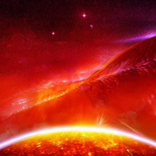Prompt: A red planet of spicy fire with luminous patches glowing menacingly against a galaxy background
