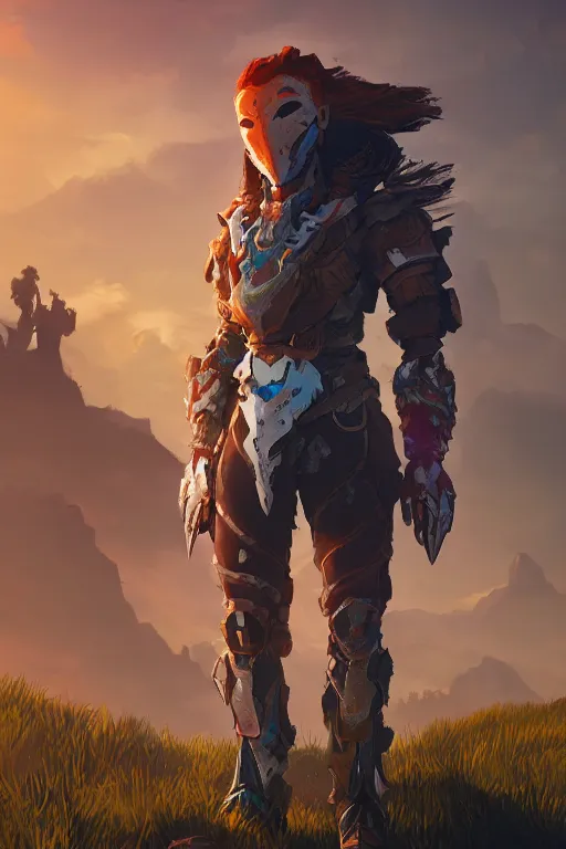 Image similar to combination suit armor aloy horizon forbidden west horizon zero dawn radiating a glowing aura global illumination ray tracing hdr fanart arstation by ian pesty and alena aenami artworks in 4 k tribal robot ninja mask helmet backpack