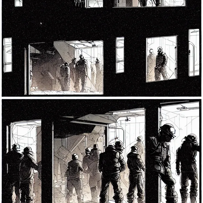 Image similar to miners wait to enter a tiny cubic building with one door. storyboard panel, scifi cyberpunk. by gabriel hardman, joe alves, chris bonura. cinematic atmosphere, detailed and intricate, perfect anatomy