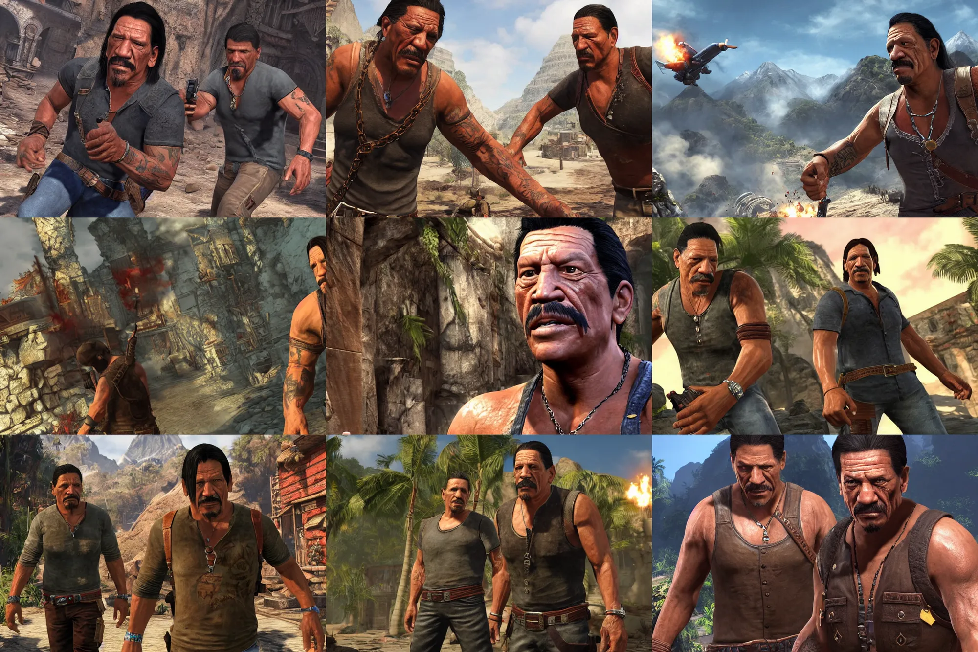 Prompt: a promotional gameplay screenshot of danny trejo in the video game uncharted. 3 d rendering. very detailed