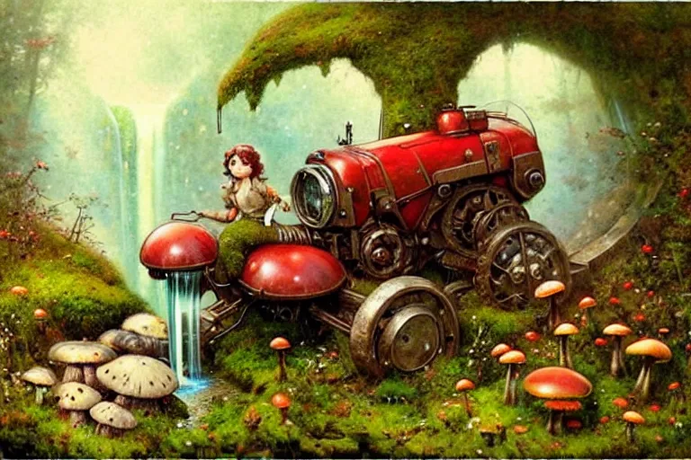 Image similar to adventurer ( ( ( ( ( 1 9 5 0 s retro future robot android mouse tractor in forrest of giant mushrooms, moss and flowers stone bridge waterfall. muted colors. ) ) ) ) ) by jean baptiste monge!!!!!!!!!!!!!!!!!!!!!!!!! chrome red