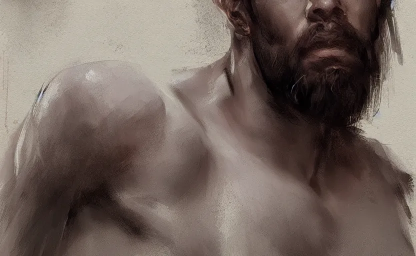 Image similar to a painting of arkul trending on artstation in the style of greg rutkowski, beautiful, male, sensual, natural skin, muscular, stubble, warrior, tattoos