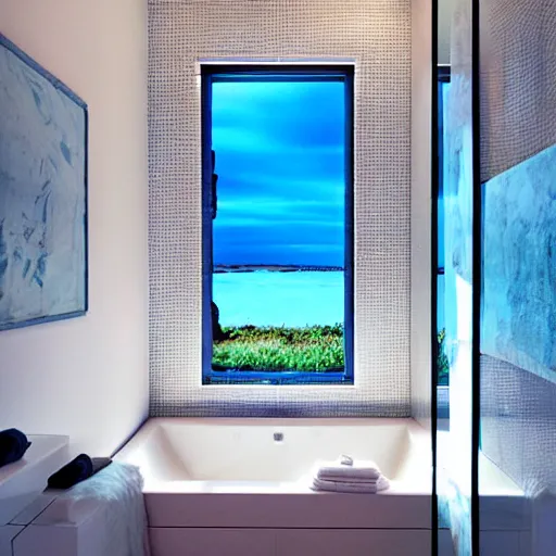 Image similar to Futuristic bathroom made of blue goo with a large window showing sea horizon at sunset