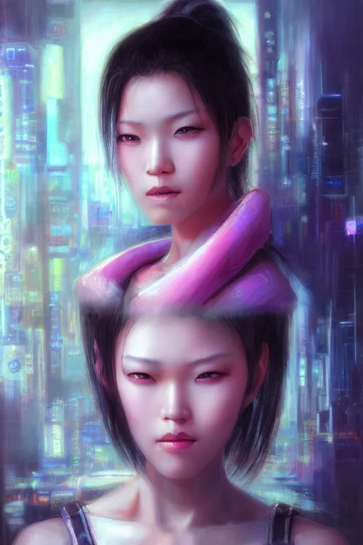 Prompt: stunning highly detailed portrait of a beautiful asian female cyberpunk, soft lighting, pastel neon colors, oil on canvas, strong lighting, by Greg Staples, HD, 4K